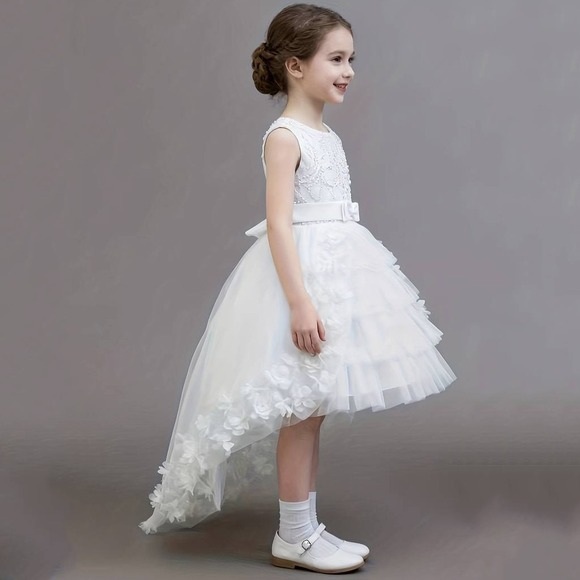 White Tulle Formal Christening Gown 7/8 Floral 3D Applique Satin Bow Flower Girl - Picture 10 of 16